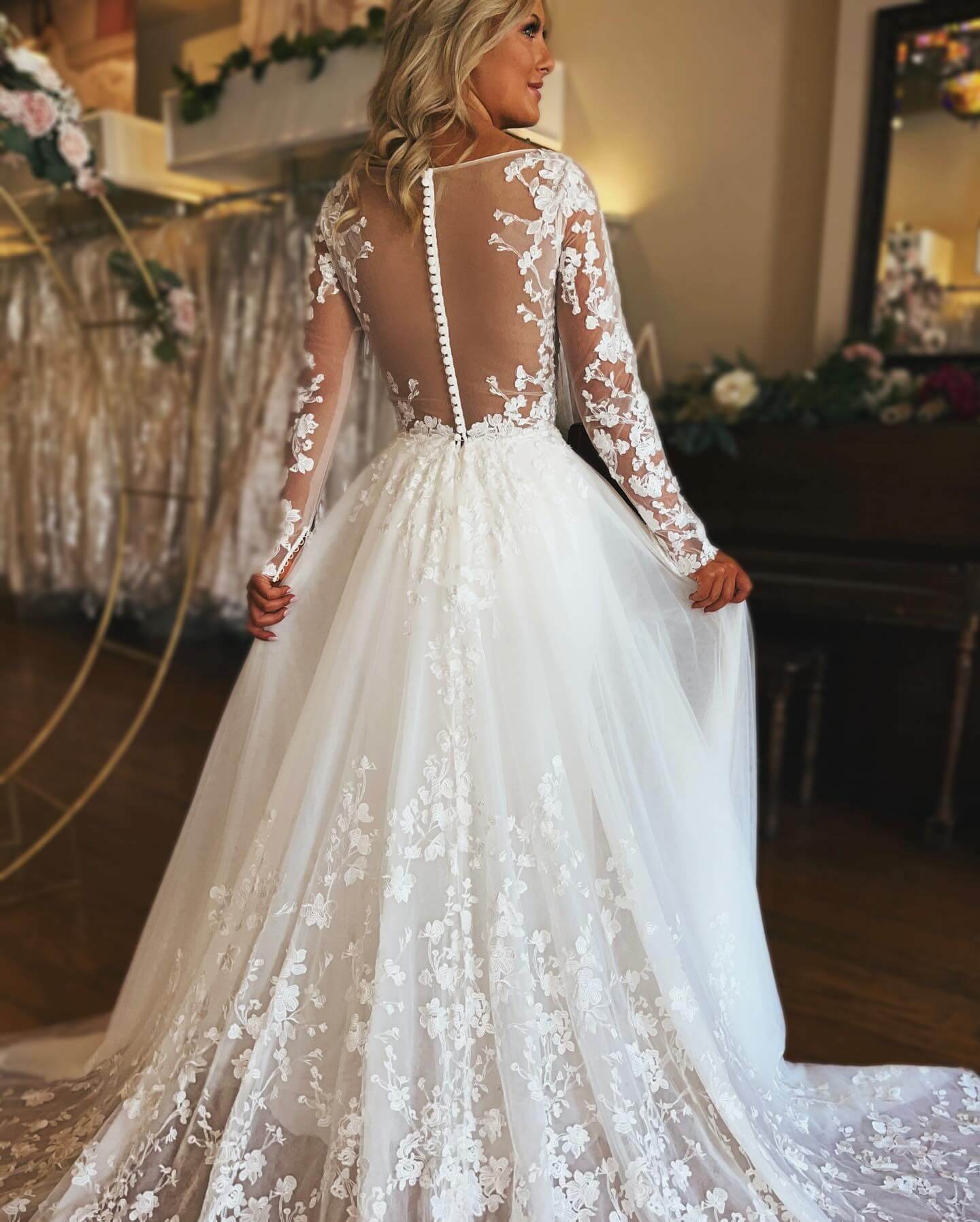 A Line Long Sleeves Lace Floral Wedding Dresses with Button