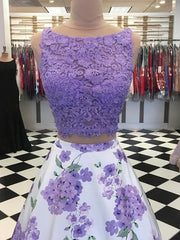 A Line Purple Floral Lace Two Piece Prom Dresses with Bowknot