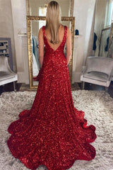 A Line Red Sequin Prom Dresses V Neck with Pockets - MyChicDress