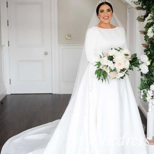 A Line Satin Wedding Dresses Long Sleeves Jewel with Train