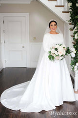 A Line Satin Wedding Dresses Long Sleeves Jewel with Train