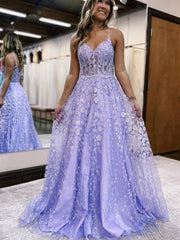 A Line V Neck Long Lilac Lace Floral Violet purple Prom Dresses