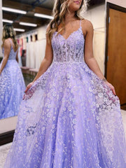 A Line V Neck Long Lilac Lace Floral Violet purple Prom Dresses