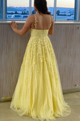 A Line Yellow Long Prom Dresses Lace Formal Evening Dress UK