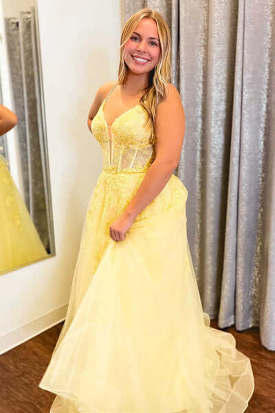 A Line Yellow Plus Size Prom 2025 Dresses V Neck Lace Appliques - MyChicDress