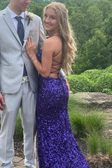 Affordable Sequined Purple Mermaid Prom Dress Spaghetti Straps