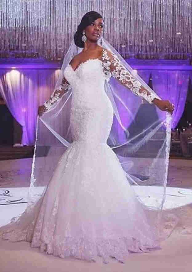 African Lace Wedding Dresses with Sleeves Long Mermaid Bridal Gown MyChicDress