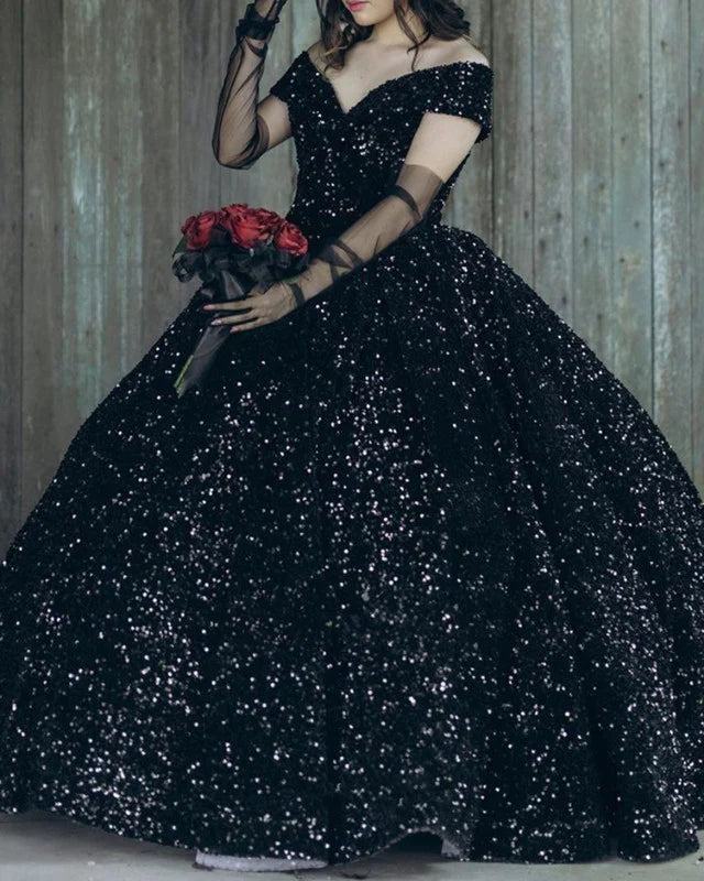 Ball Gown Black Sequin Gothic Wedding Dress Off the Shoulder MyChicDress