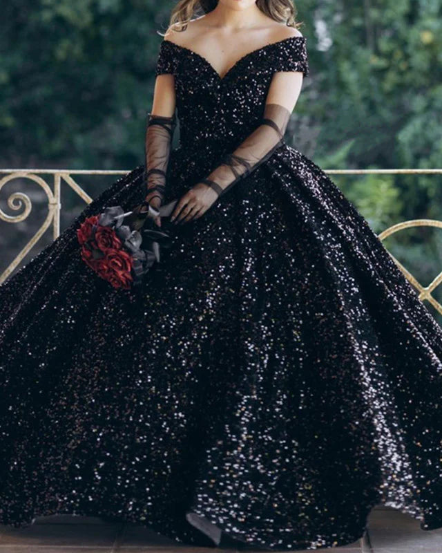 Ball Gown Black Sequin Gothic Wedding Dress Off the Shoulder MyChicDress