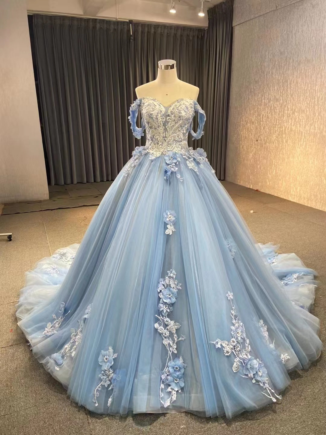 Ball Gown Blue Prom Dresses Lace Tulle Off Shoulder Evening Party Dress MyChicDress