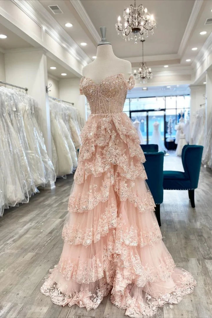 Vestido de baile espartilho em camadas fúcsia vestidos de baile querida lantejoulas