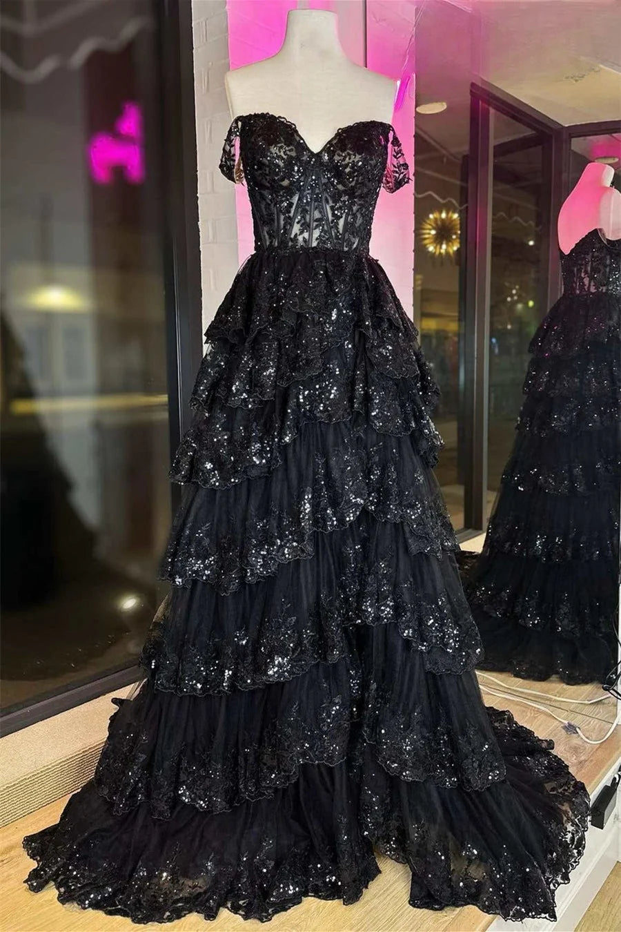 Vestido de baile espartilho em camadas fúcsia vestidos de baile querida lantejoulas