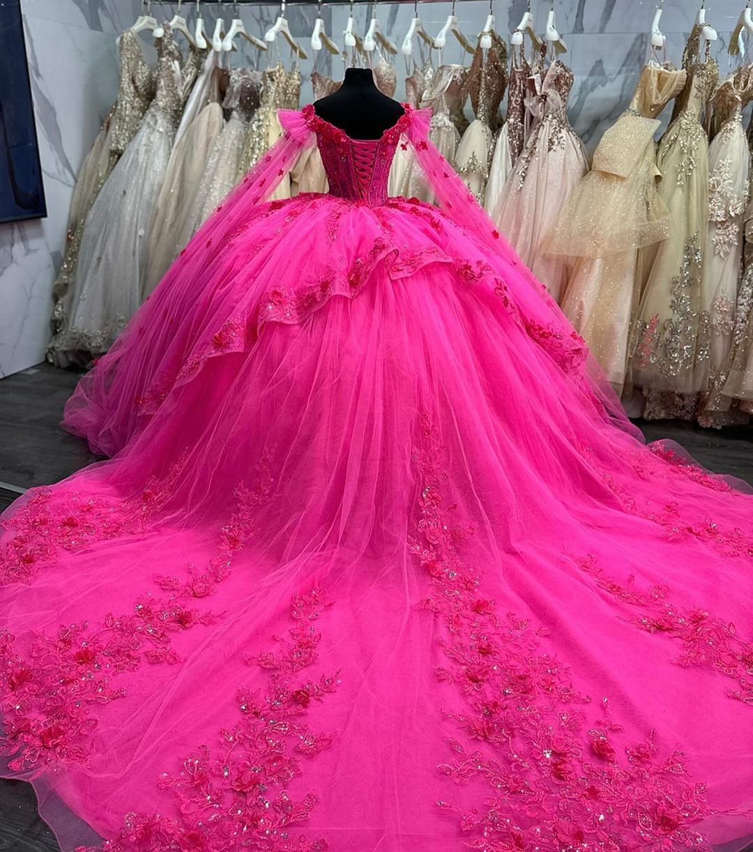 Ball Gown Hot Pink Lace Quinceañera Dress Off-Shoulder with Cape