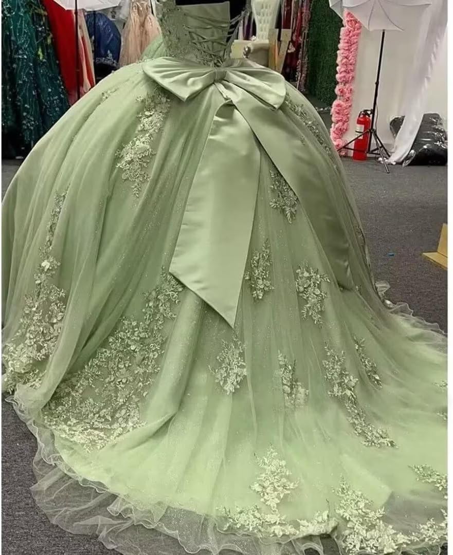 Ball Gown Sage Green Quinceanera Dresses Lace Applique Off the Shoulder MyChicDress