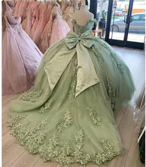 Ball Gown Sage Green Quinceanera Dresses Lace Applique Off the Shoulder MyChicDress