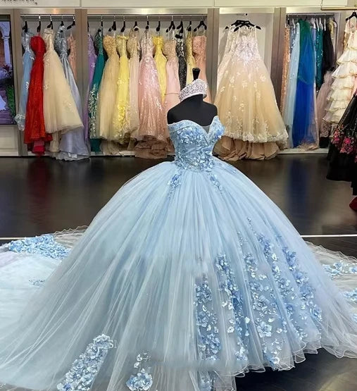 Ball-Gown Sky Blue Quinceanera Dresses 3D Flower Tulle Strapless Sleeveless
