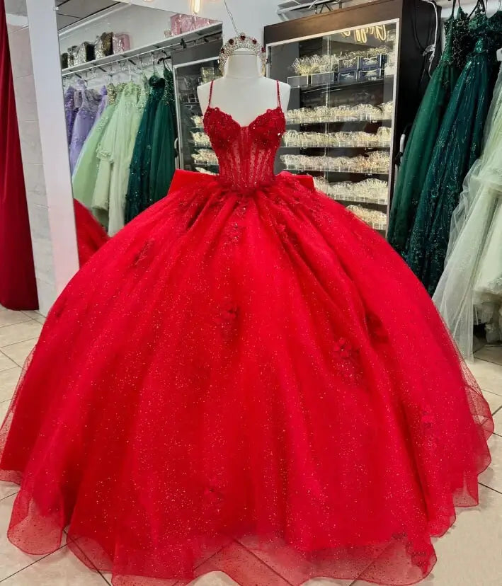 Ball Gown Straps Quinceanera Dresses Red Glitter Sweet 16 Birthday Dress