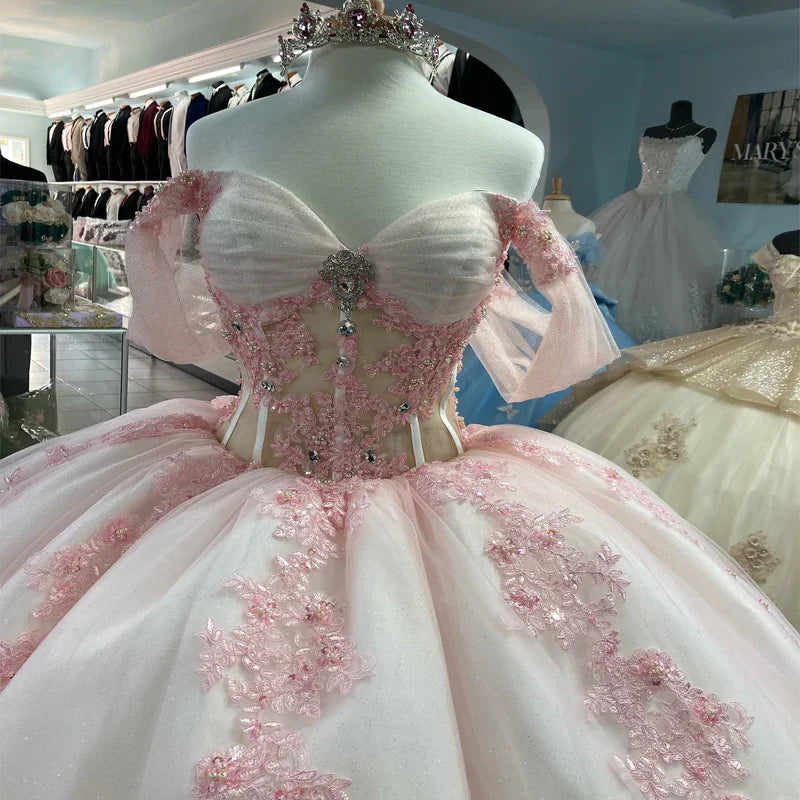 Ball-Gown Off-the-Shoulder Quinceanera Dress Light Pink Tulle Appliques - MyChicDress