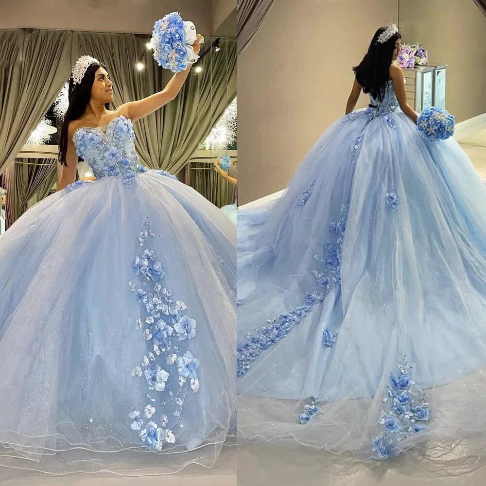 Ball-Gown Sky Blue Quinceanera Dresses 3D Flower Tulle Strapless Sleeveless Mychicdress