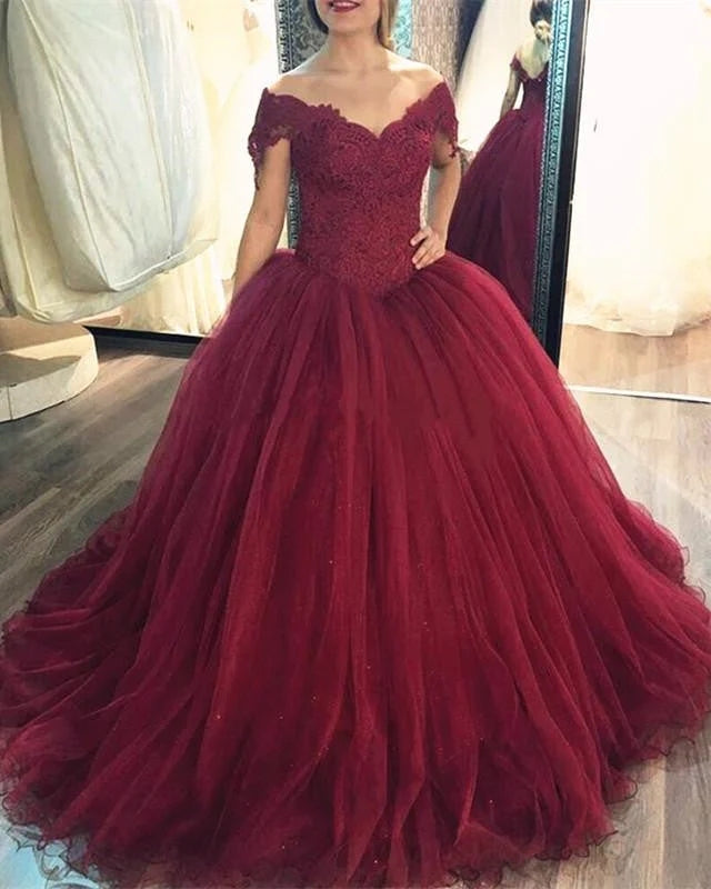 Ball Gowns Burgundy Wedding Dresses Lace Off The Shoulder Bridal Gown MyChicDress