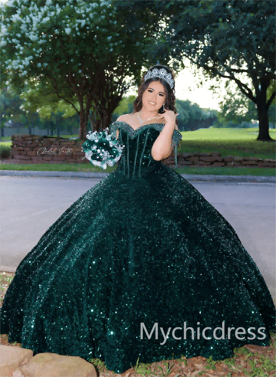Ball Gown Emerald Green Sequin Quince Dresses Off the Shoulder - MyChicDress