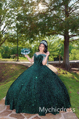 Ball Gown Emerald Green Sequin Quince Dresses Off the Shoulder