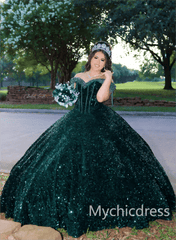 Ball Gown Emerald Green Sequin Quince Dresses Off the Shoulder