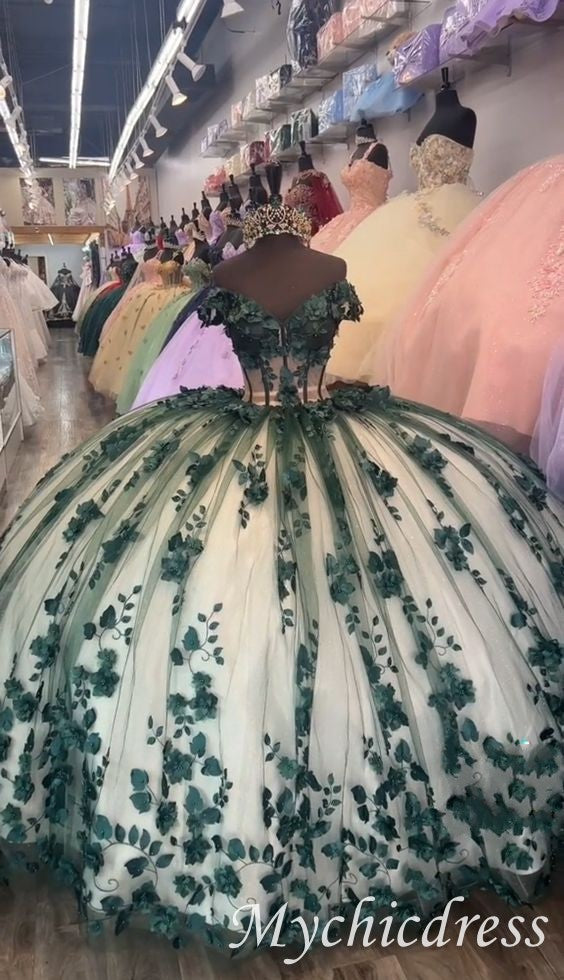 Ball Gown Emerald Green XV Floral Quinceanera Dresses 2025 - MyChicDress