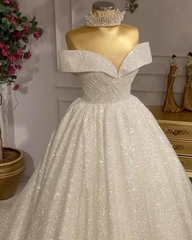 Ball Gown Glitter Ivory Wedding Gown Off Shoulder Sleeveless