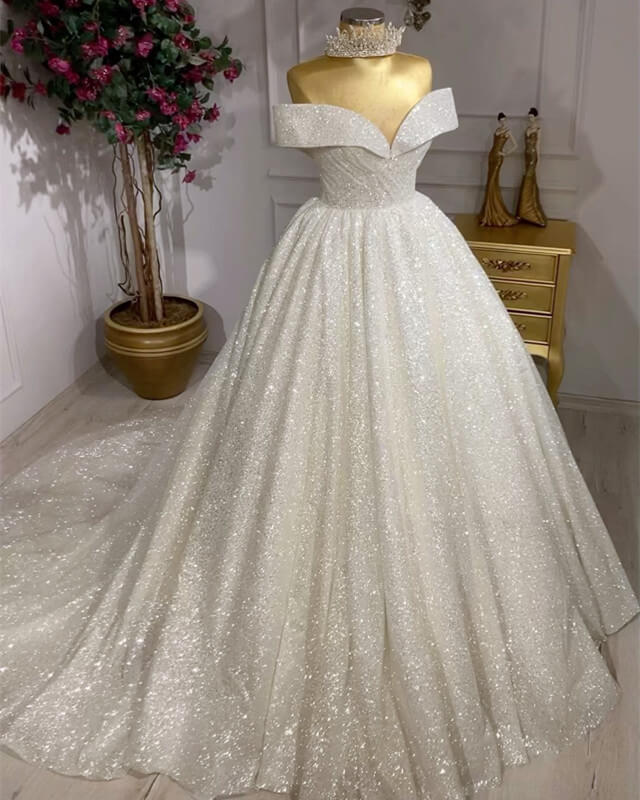 Ball Gown Glitter Ivory Wedding Gown Off Shoulder Sleeveless - MyChicDress