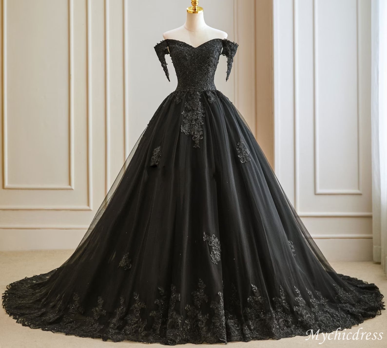 Ball Gown Lace Black Wedding Dress Beaded with Cold Shoulder