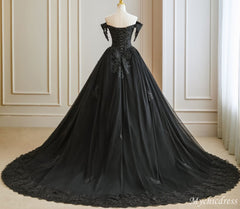 Ball Gown Lace Black Wedding Dress Beaded with Cold Shoulder