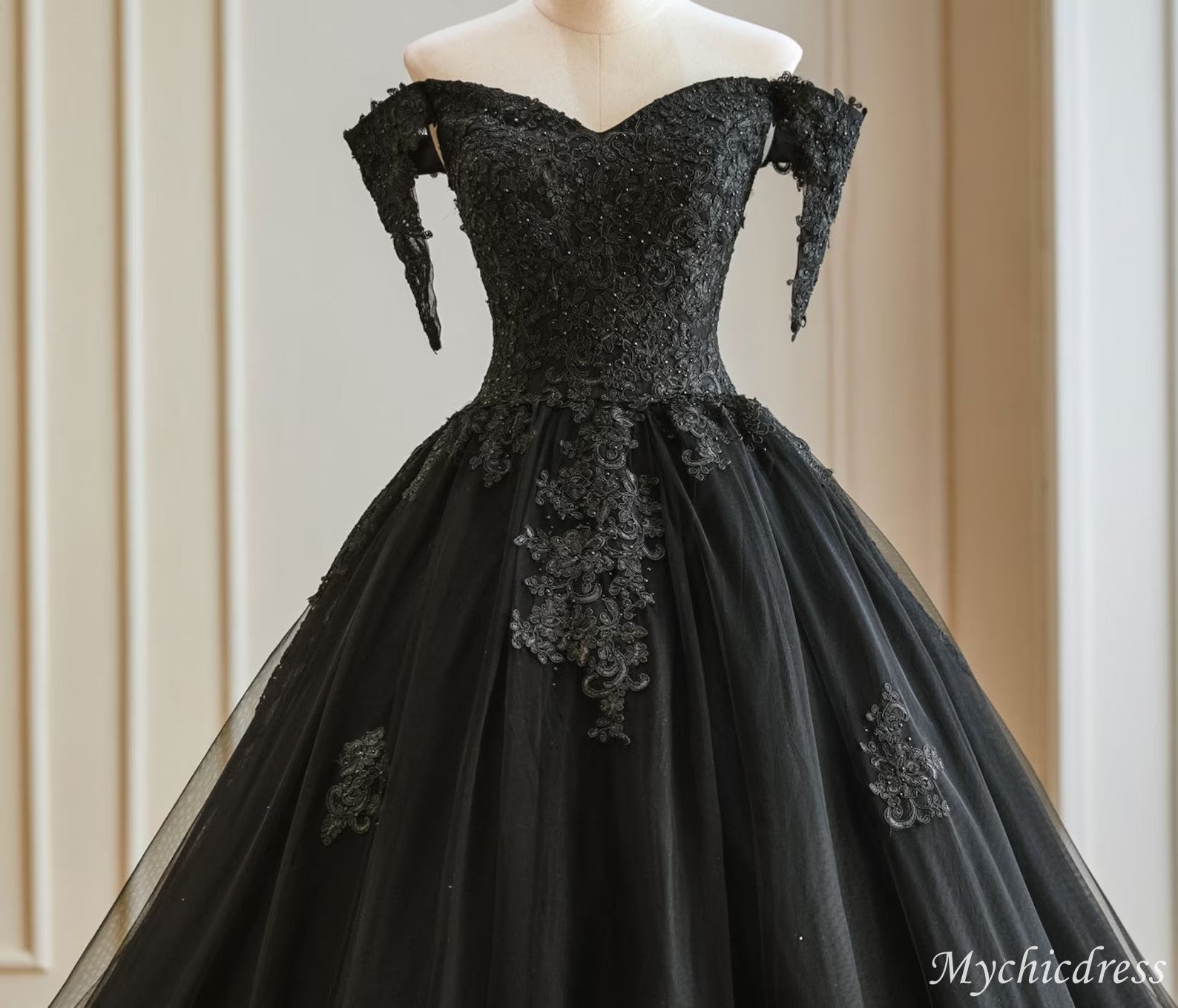 Ball Gown Lace Black Wedding Dress Beaded with Cold Shoulder