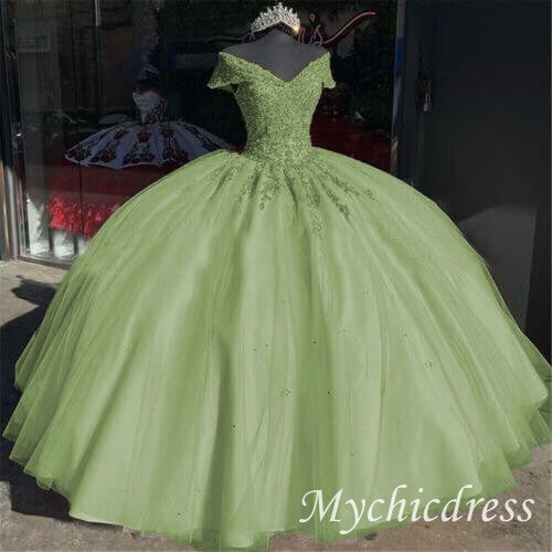 Ball Gown Off the Shoulder Gold Lace Quinceanera Dresses 2025 - MyChicDress