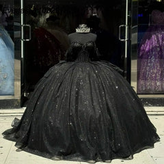 Shiny Black Quinceanera Dress Beaded Crystal Bow