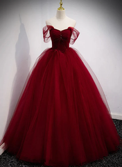 Ball Gown Wine Red Tulle Sweet 16 Dresses Off the Shoulder