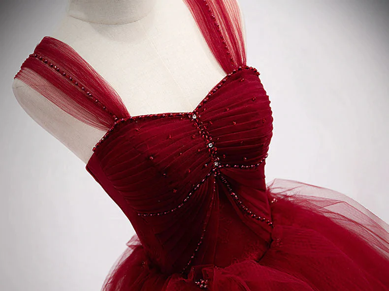 Ball Gown Wine Red Tulle Sweet 16 Dresses Off the Shoulder