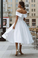 Beach White Short Wedding Guest Dress Satin Graduation Dress Off the Shoulder MyChicDress