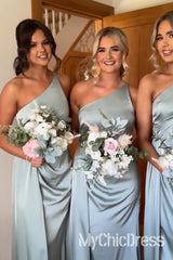 Beach Satin One Shoulder Sage Green Bridesmaid Dress with Train