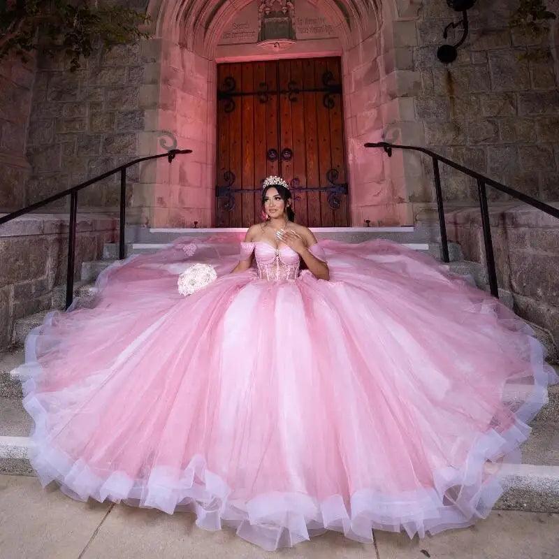 Beading Crystal  Pink Ball Gown Quinceanera Dresses Off Shoulder  Mychicdress