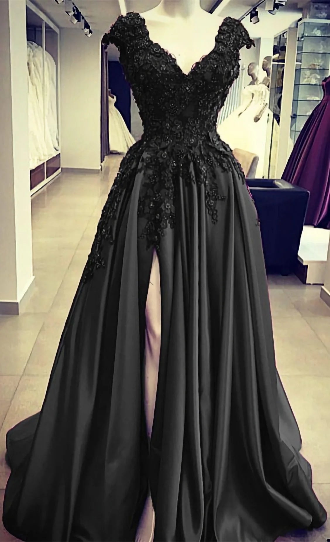 Black Lace 2024 Prom Dresses V Neck Satin Applique Formal Dress with Split MyChicDress