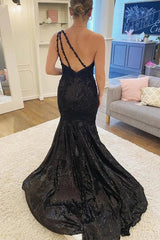 Black Lace Sequins One Shoulder Evening Gown Mermaid Long Formal Dresses MyChicDress