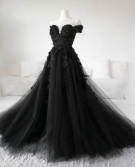 Black Lace Wedding Dresses 2024 Off the Shoulder Pearls Tulle Formal Prom Dress MyChicDress