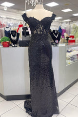 Black Lace Prom Dress Appliques Long Sequin Formal Dress Mermaid