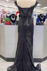 Black Lace Prom Dress Appliques Long Sequin Formal Dress Mermaid