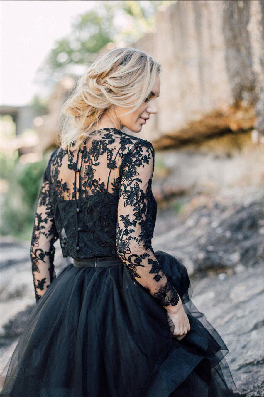 Black Lace Tulle Gothic Wedding Dresses Plus Size with Sleeves