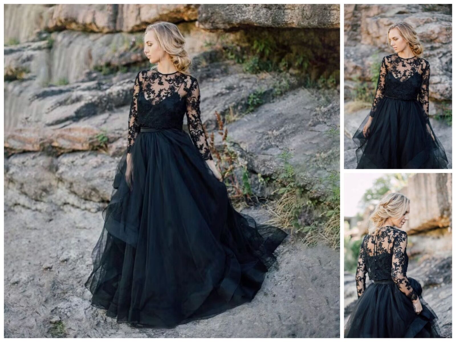 Black Lace Tulle Gothic Wedding Dresses Plus Size with Sleeves - MyChicDress