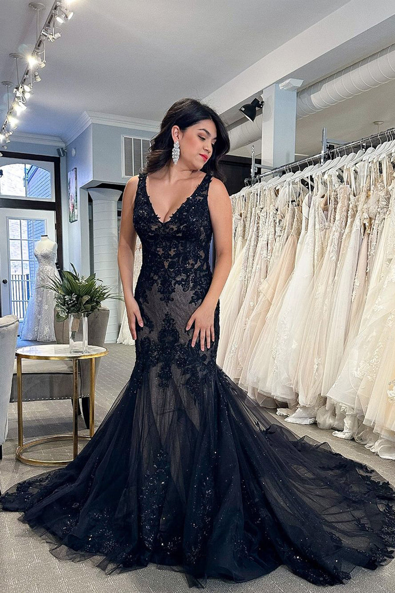 Black Lace 2025 Wedding Dress Appliques Mermaid V Neck Prom Dresses - MyChicDress