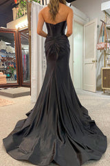 Black Long Prom Dress 2025 Sweetheart Satin Evening Dresses Mermaid