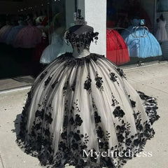 Vintage Black Quicneanera Dress with flowers 3D Puffy Sweet 16 Party Dress